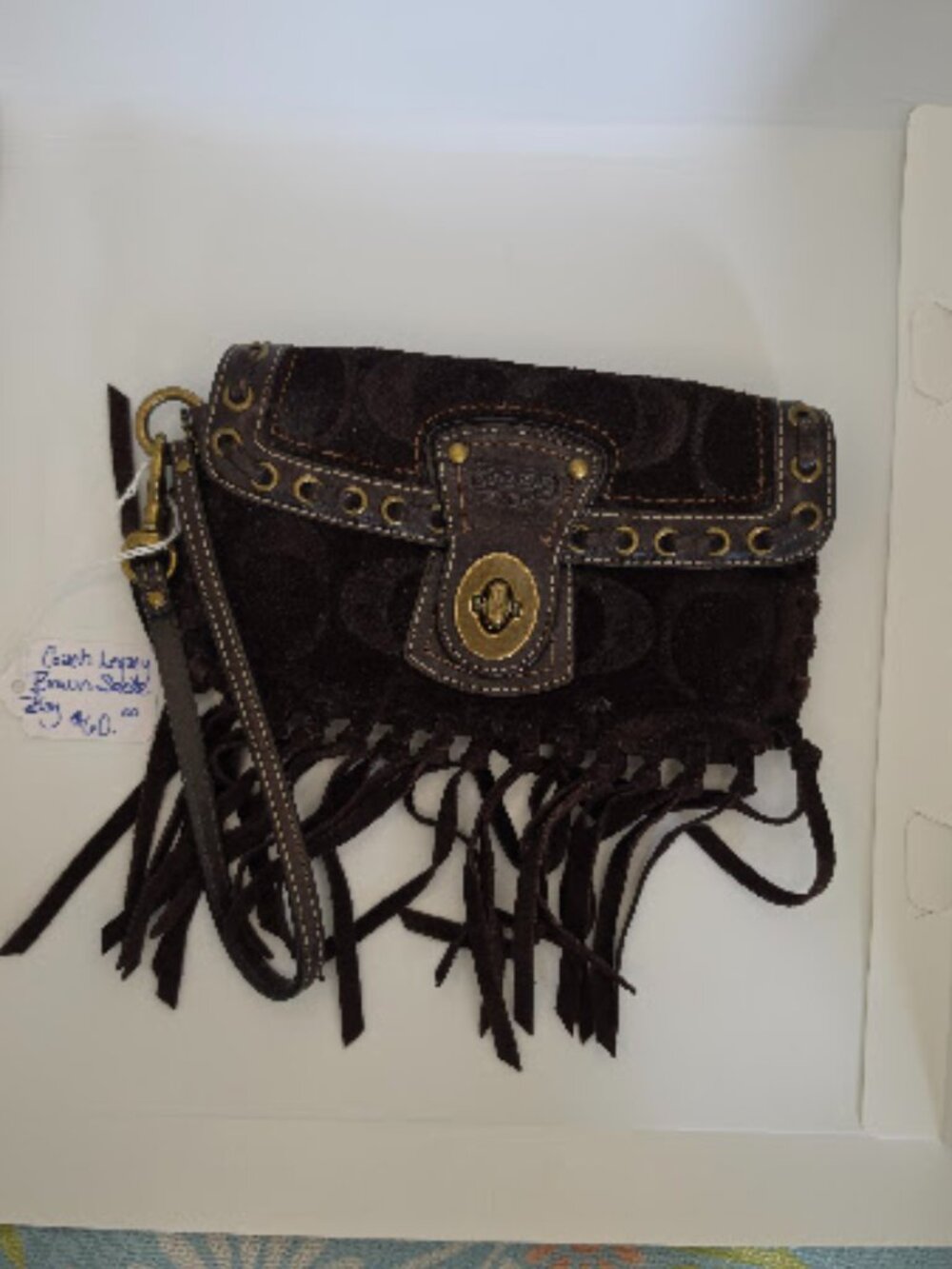 Coach Legacy Dark Brown Suede Fringe Wristlet / Clutch (Style #10330)